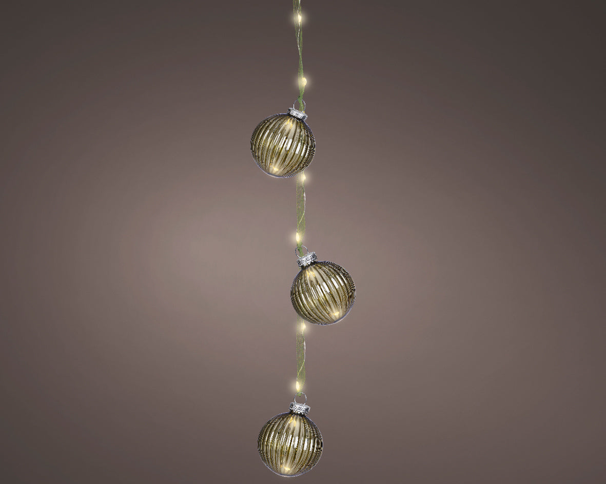Warm White Micro LED Bauble Light Bundle with Green Ribbon - 28cm 15 LEDs