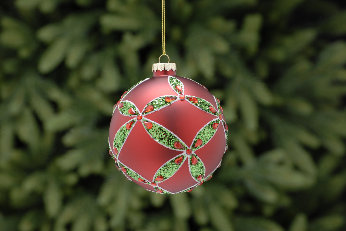 Red Glass Bauble with Green Glitter and Red Gems Detailing - 10cm