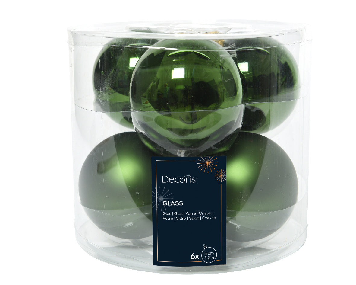 Pine Green Shiny & Matt 8cm Glass Baubles - Tube of 6