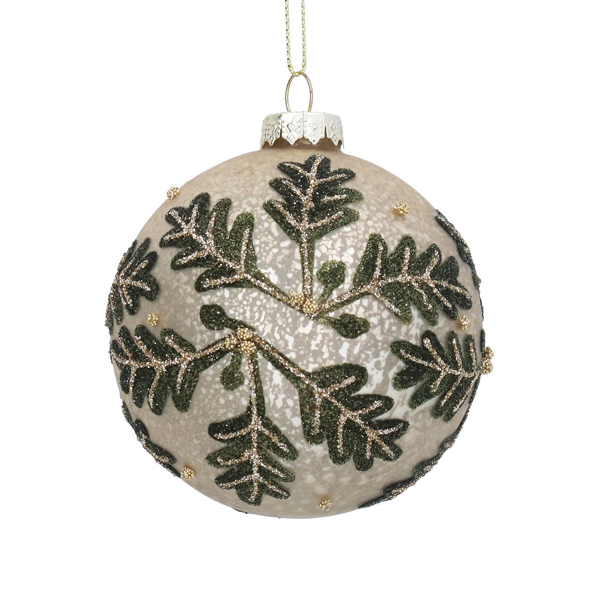 Gisela Graham - Antique Champagne Oak Leaves Glass Ball Bauble - 8cm