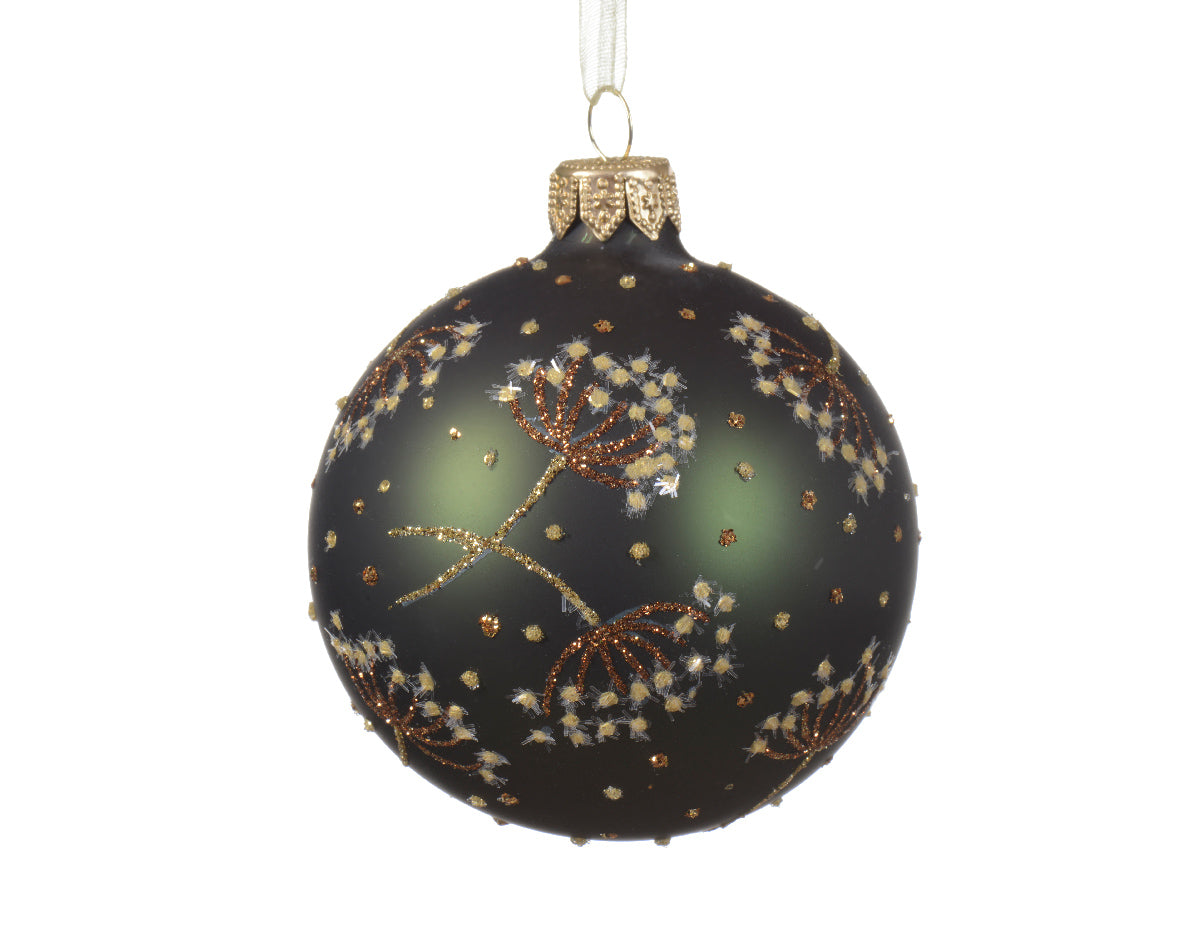 Pine Green Matt Glass Bauble with Hogweed and Dots Pattern