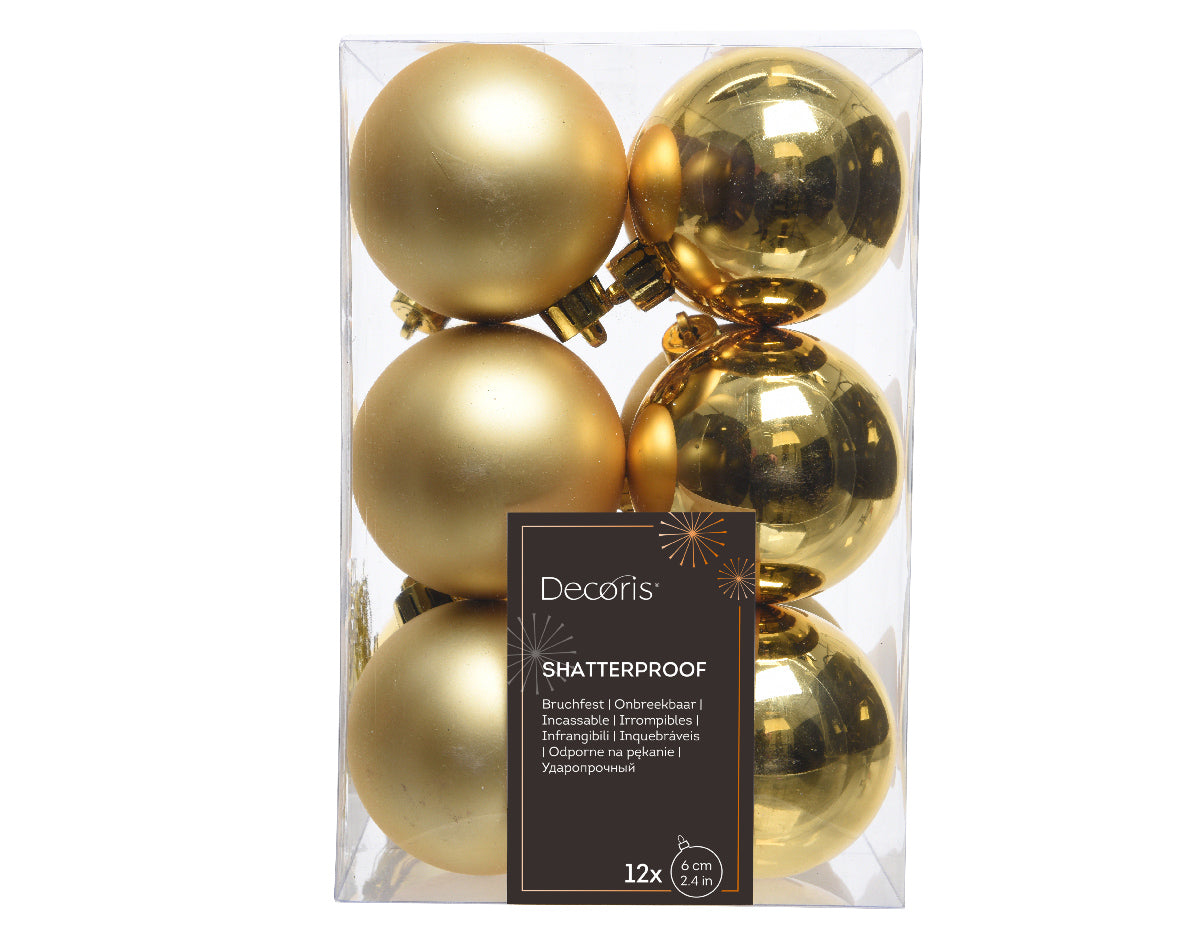 Light Gold Shatterproof Shiny and Matt Baubles - Box of 12