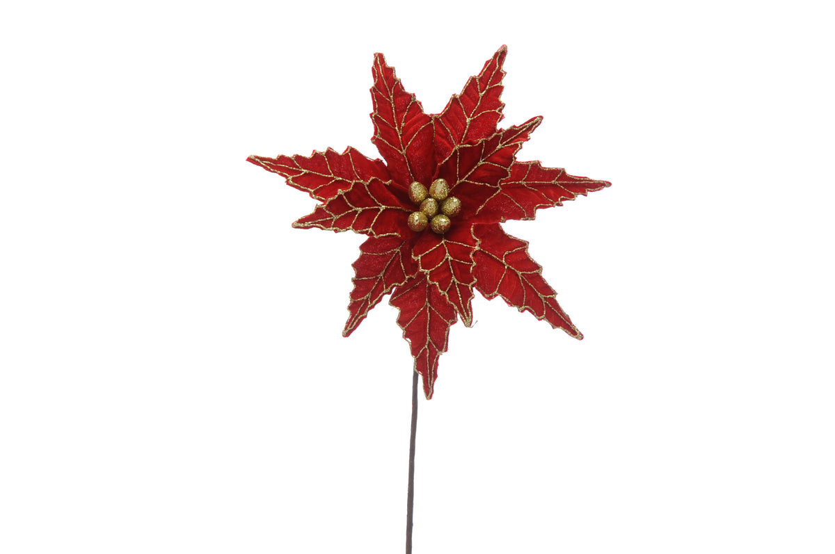 Red Velvet Poinsettia with Gold Glitter Detailing on a Stem - 50cm