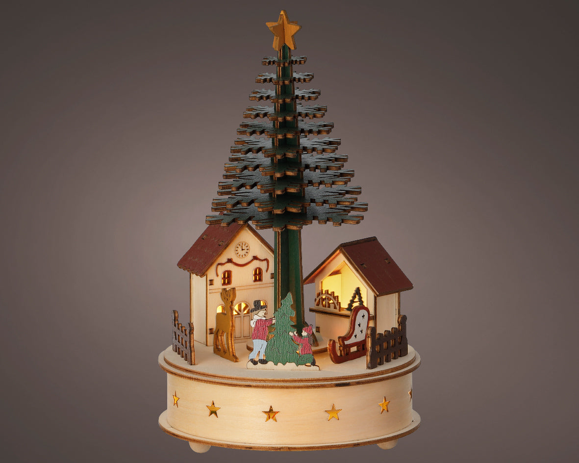 Wooden Warm White Light Up Christmas Tree Animated Scene with Music & Motion - Battery Operated