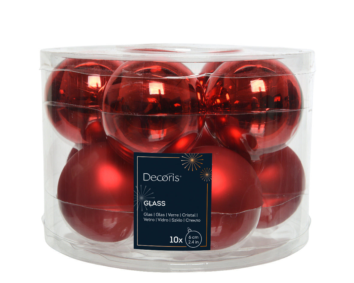 Christmas Red Mixed Shiny and Matt 6cm Glass Baubles - Tube of 10