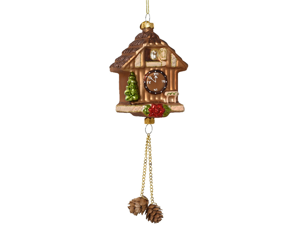 Cuckoo Clock with Pinecones Glass Christmas Bauble