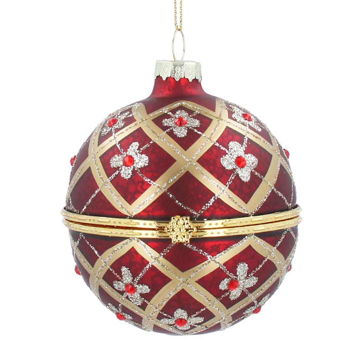 Gisela Graham - Dark Red with Gold Floral Trellis Glass Opening Container Bauble - 8cm