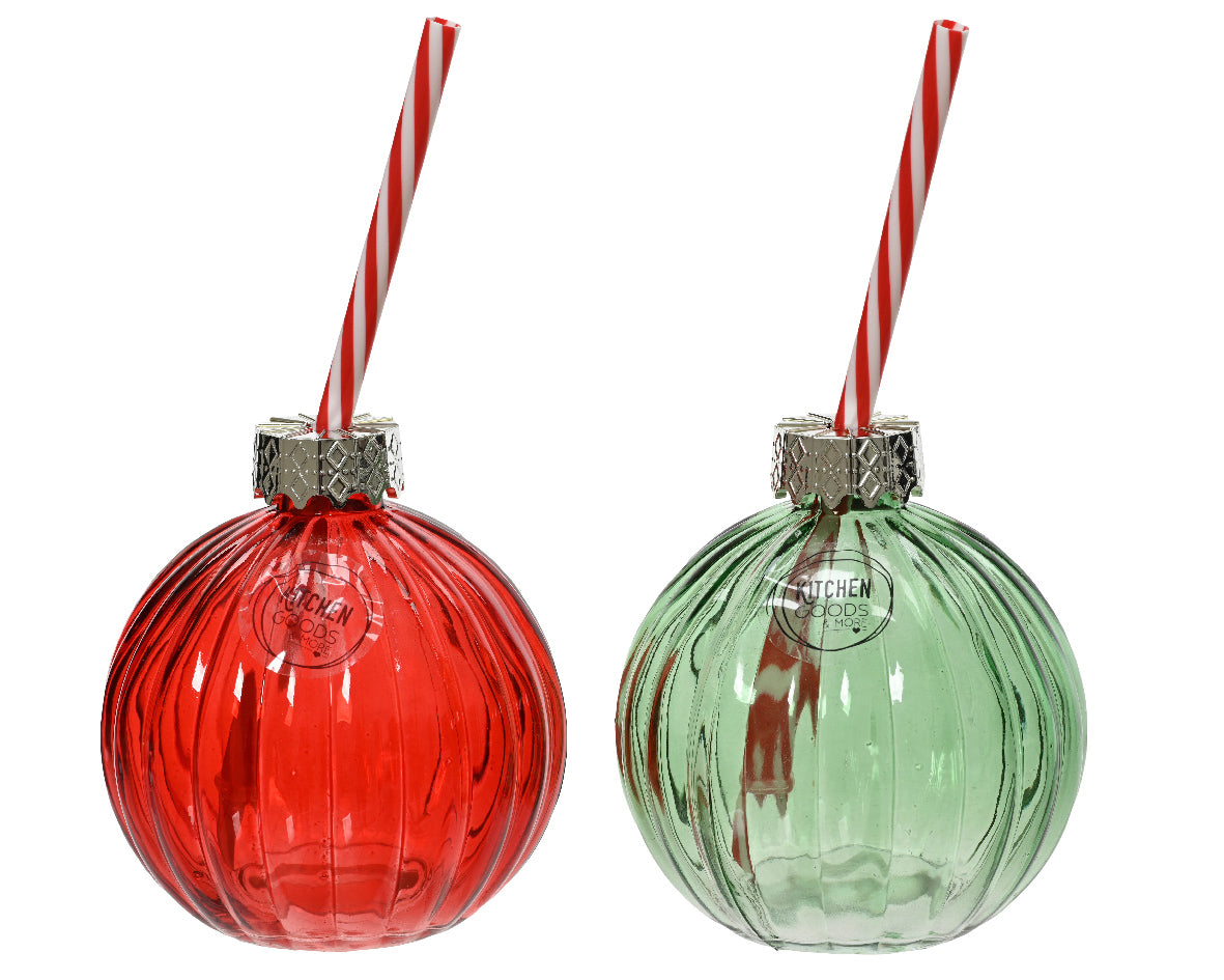 Red or Green Glass Drinking Jar with Red and White Straw
