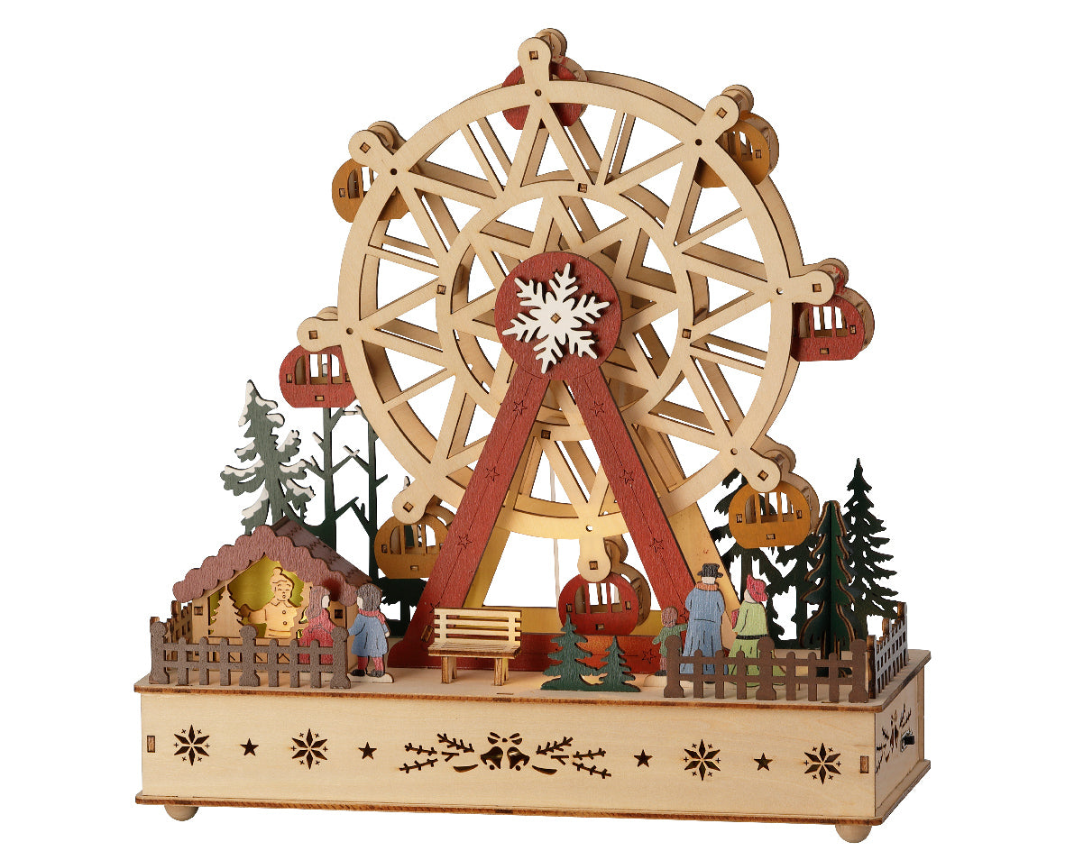 Wooden Warm White Light Up Animated Ferris Wheel with Music & Motion - Battery Operated