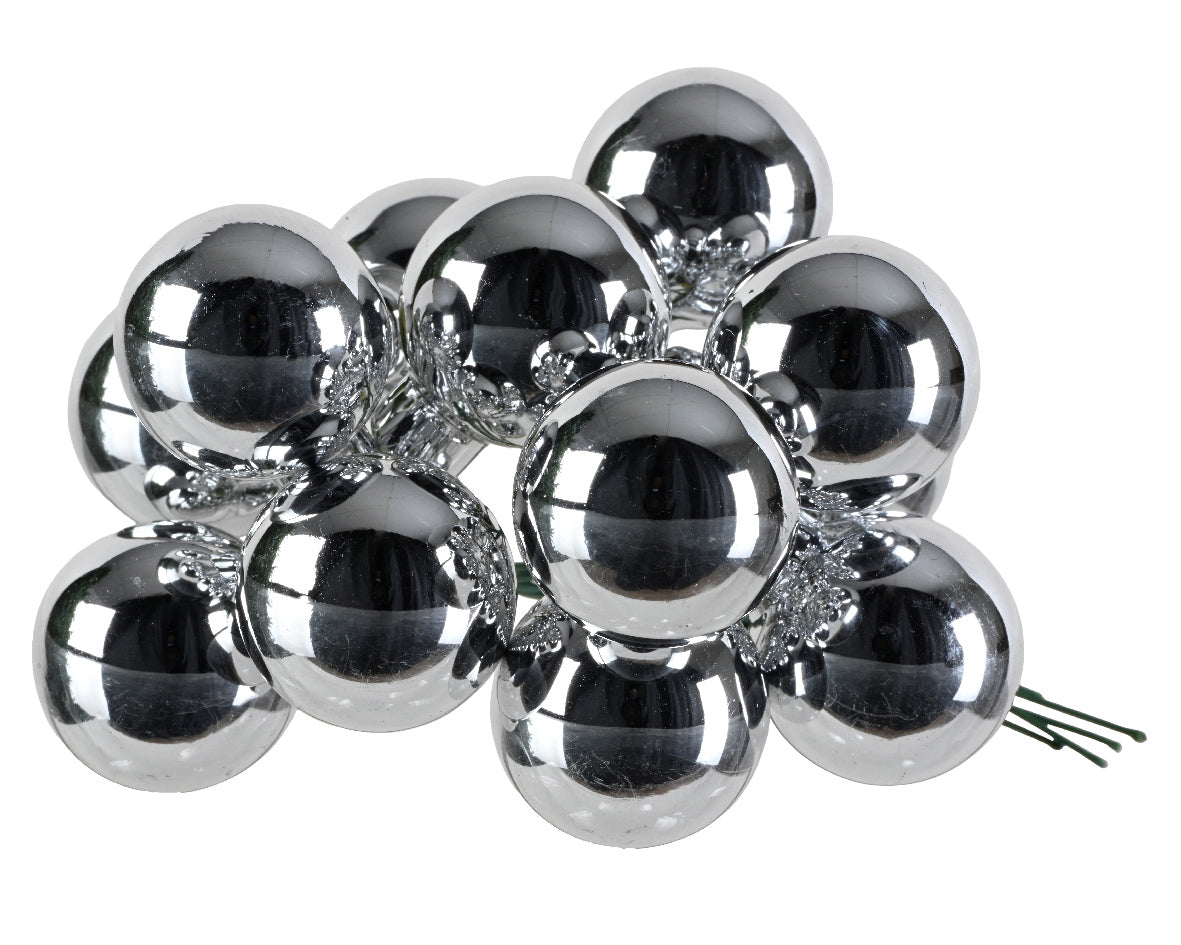 Silver Mini Glass Baubles on a Wire - Bunch of 10 (2.5cm) - Shiny Finish