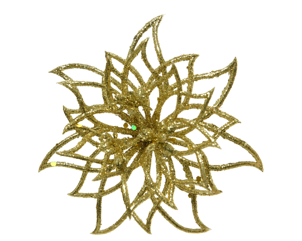 Gold Glitter Plastic Poinsettia on Clip