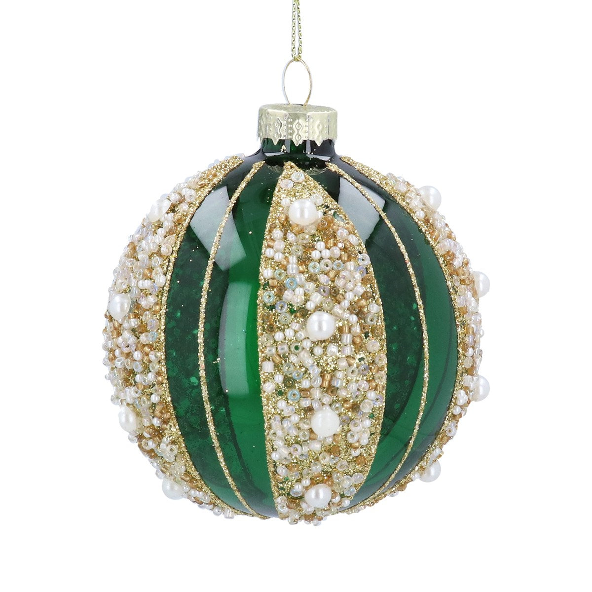 Gisela Graham - Deep Green Gold Glitter Glass Ball Bauble - 8cm
