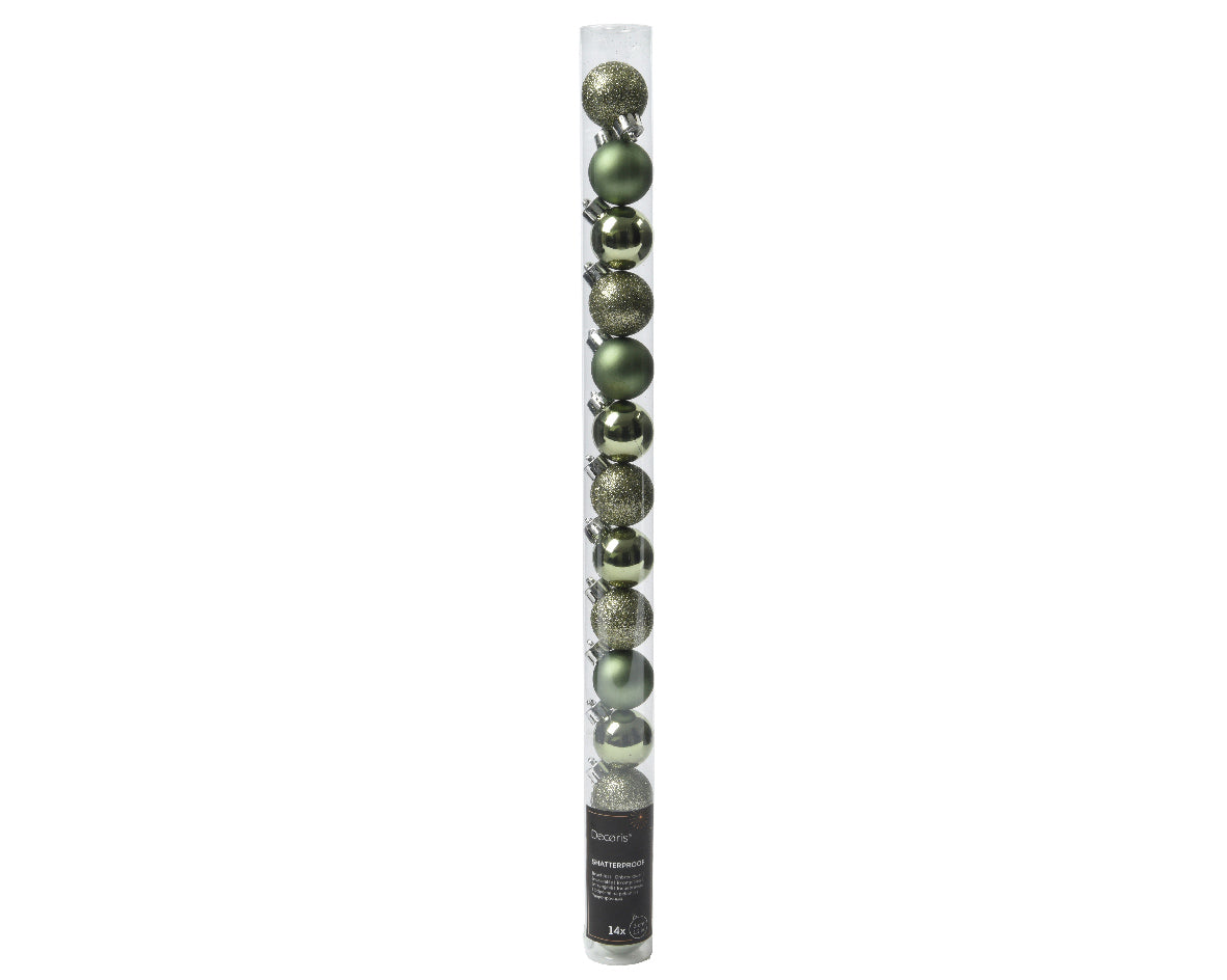 Rosemary Green Shatterproof Shiny, Matte, and Glitter Baubles - Tube of 14