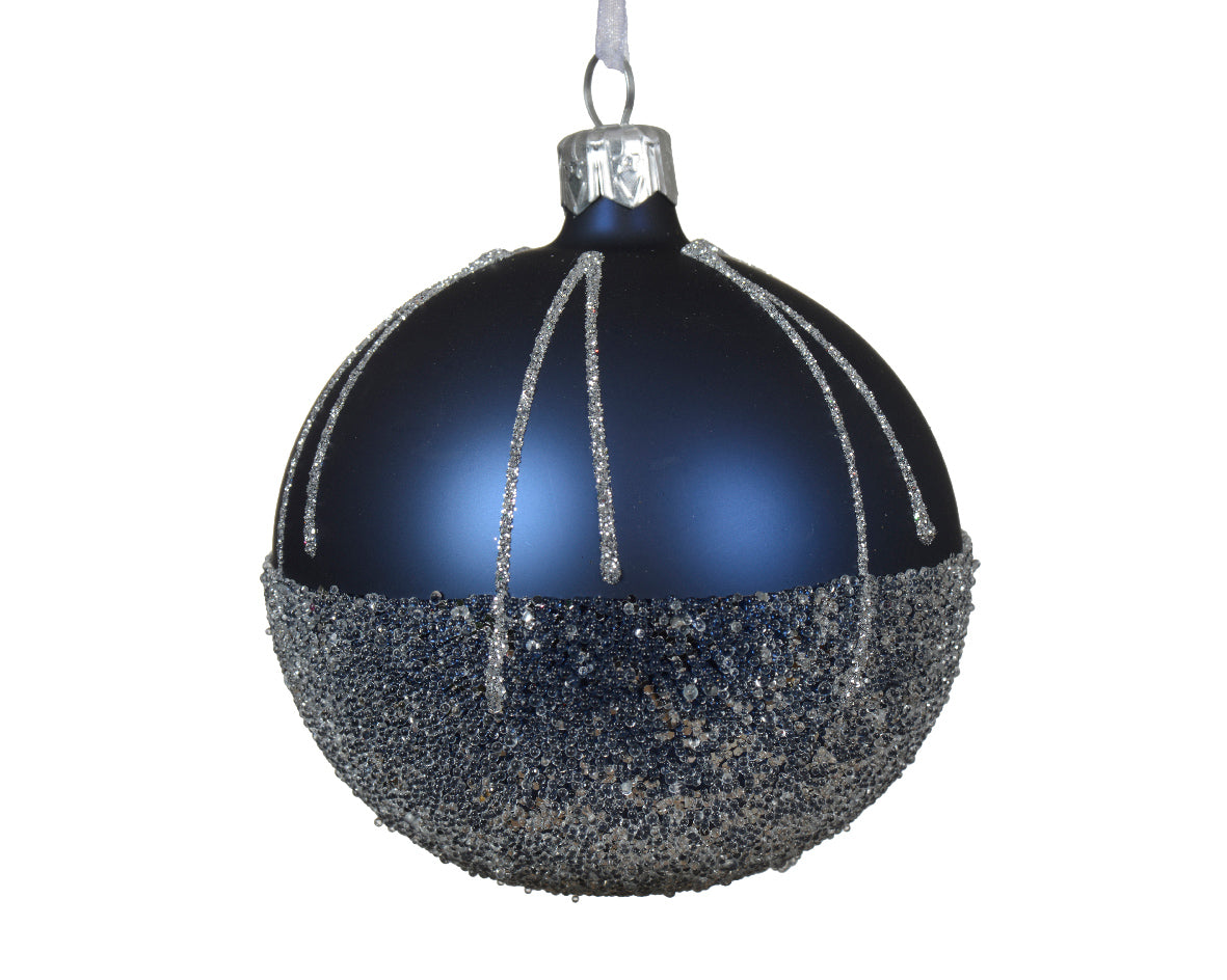 Matt Glass Night Blue Bauble with Glitter Lines - 8cm