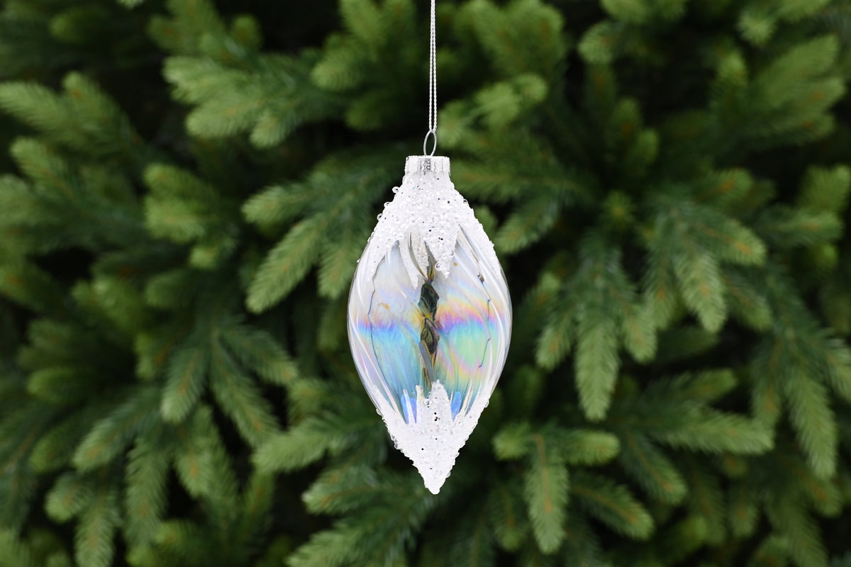 Clear Iridescent Glass Drop Glitter Bauble - 13cm