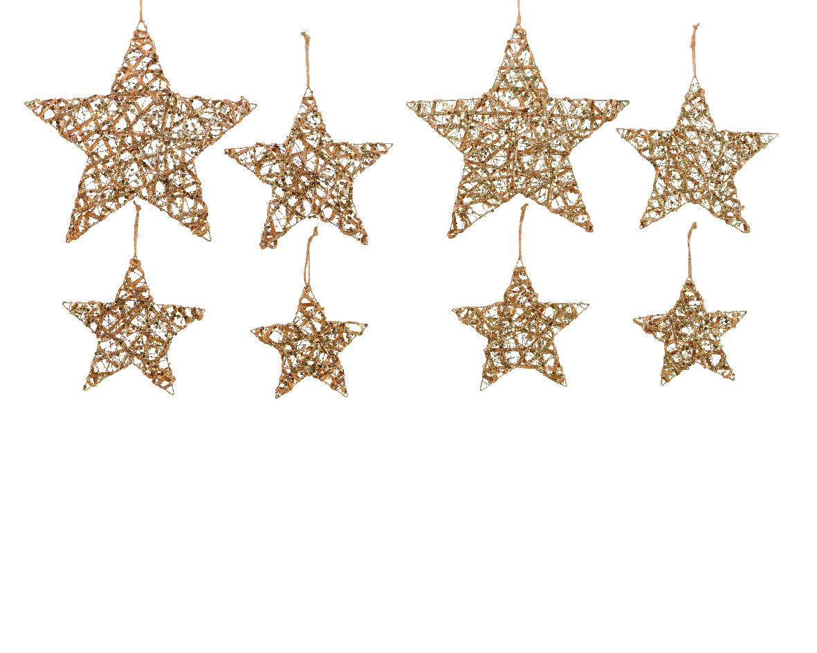 Set of 4 Rattan Glitter Star Hanging Decorations
