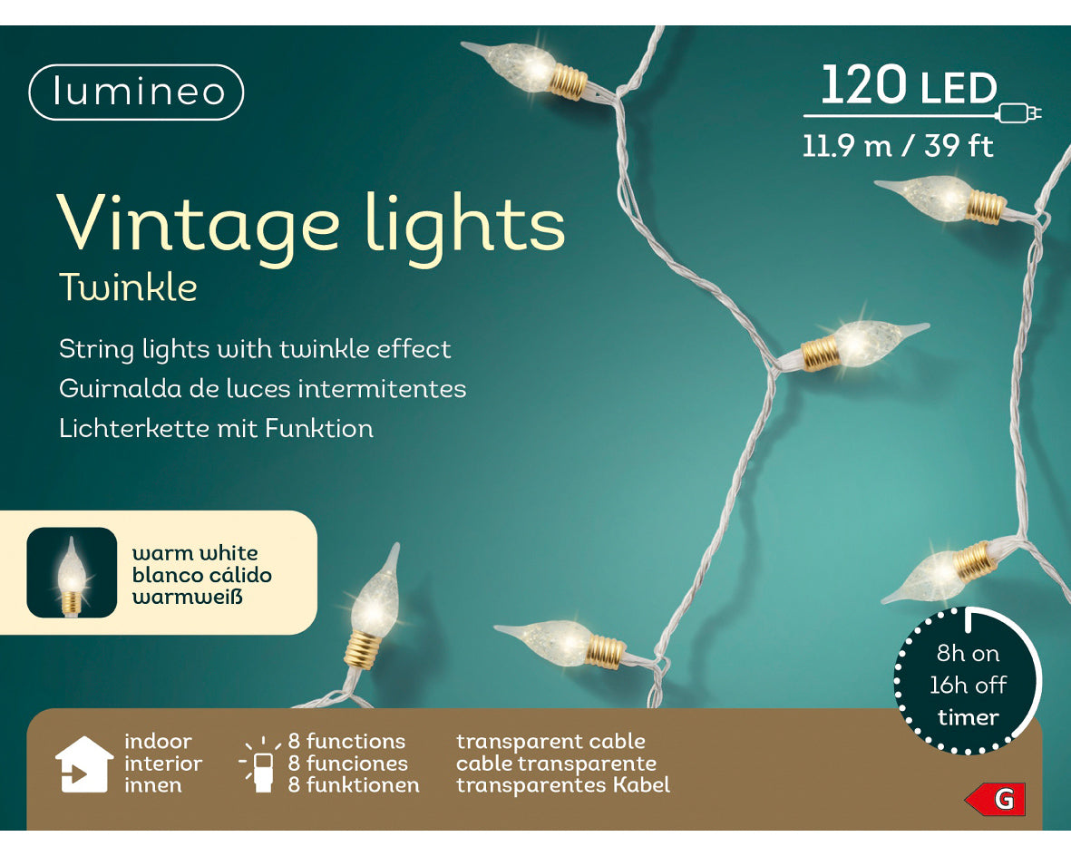 Warm White LED Twinkle Vintage Lights with Transparent Cable - 12m 120 LEDs