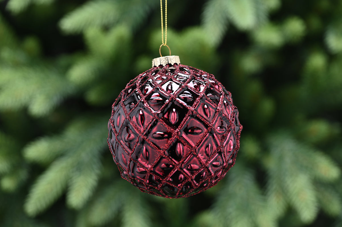 Burgundy Glass Christmas Tree Bauble with Red Glitter Diamond