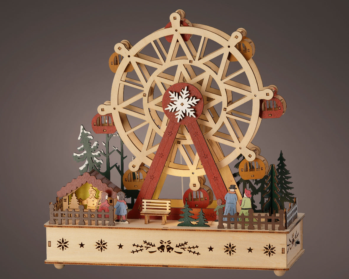 Wooden Warm White Light Up Animated Ferris Wheel with Music & Motion - Battery Operated