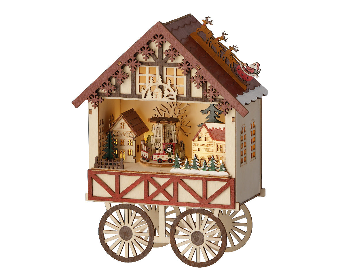 Wooden Warm White Light Up Christmas Market Stall Cart with Music & Motion - Battery Operated