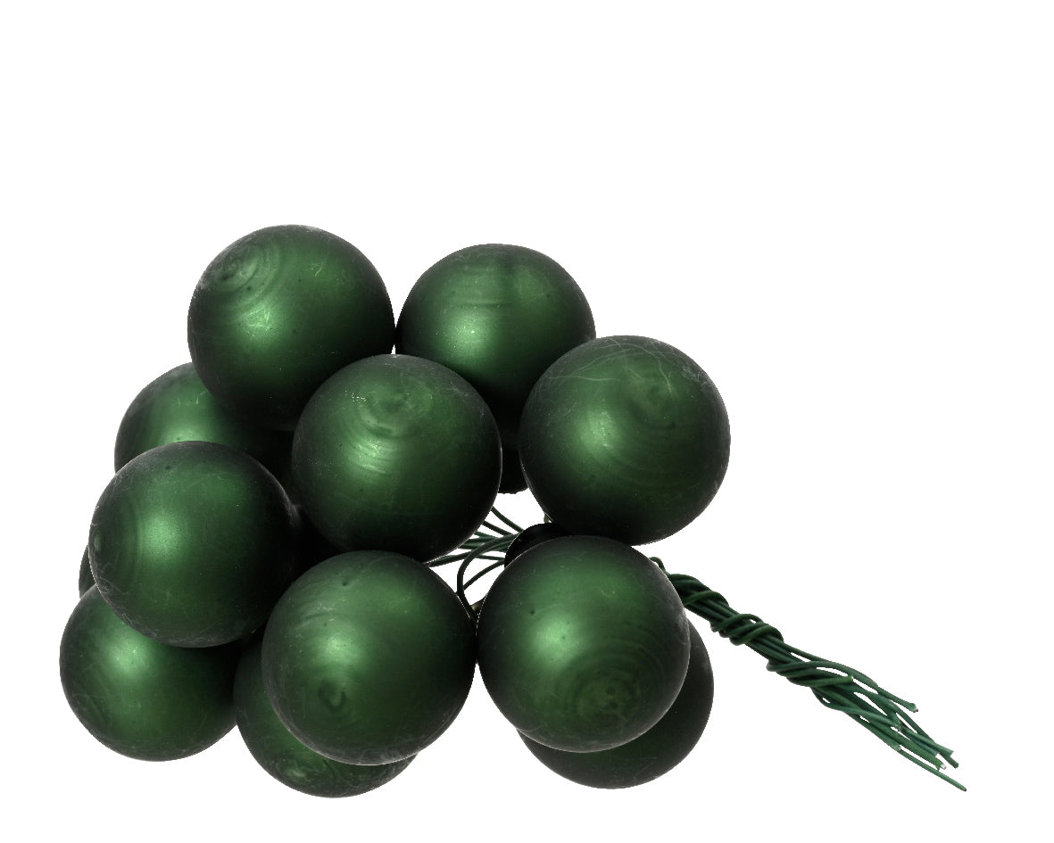 Pine Green Mini Glass Baubles on a Wire - Bunch of 10 (2cm) - Matt Finish