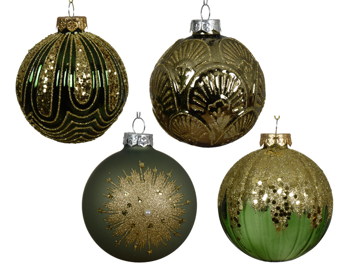Individual Glass Green Glitter Bauble - 8cm
