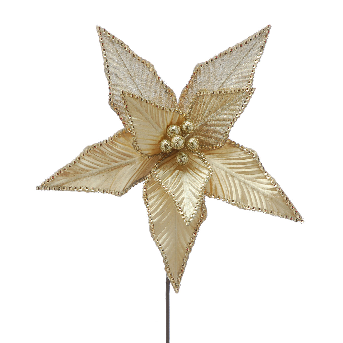Champagne Gold Poinsettia with Sequin Edging on a Stem - 50cm