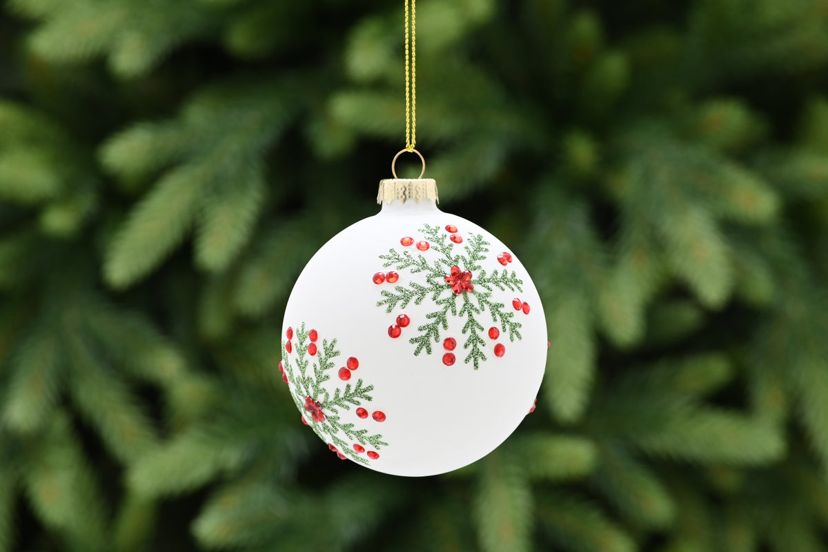 Matt Glass White Bauble with Green Glitter Snowflake and Red Gems Design - 8cm