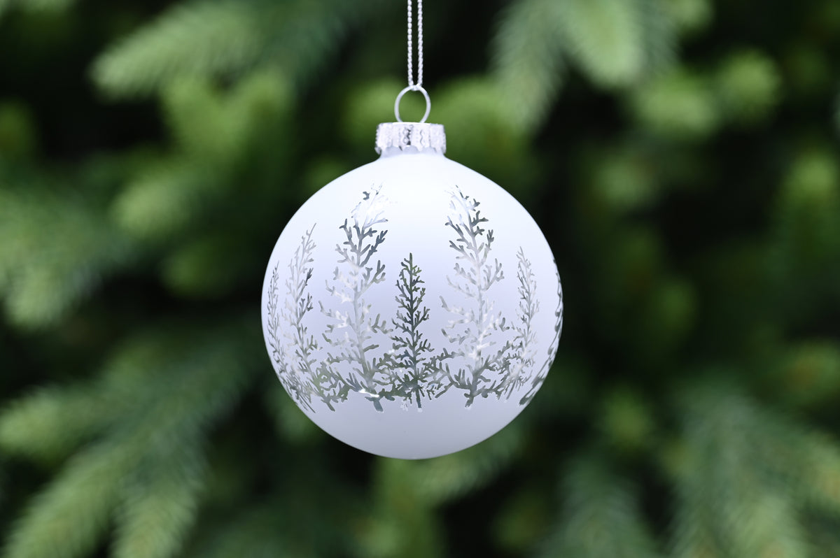 Matt Glass Christmas Bauble with Silver Forest Scene - 8cm