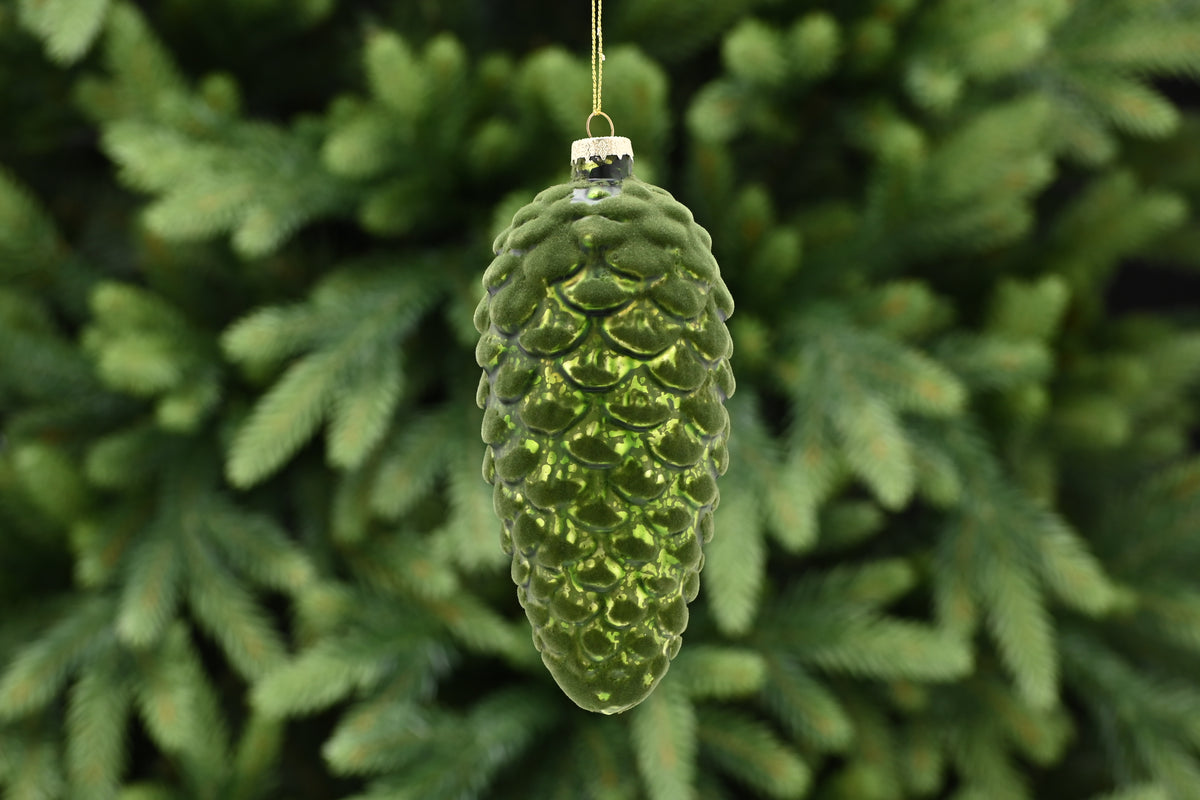 Green Flock Glass Pinecone With Gold Shimmer - 16cm