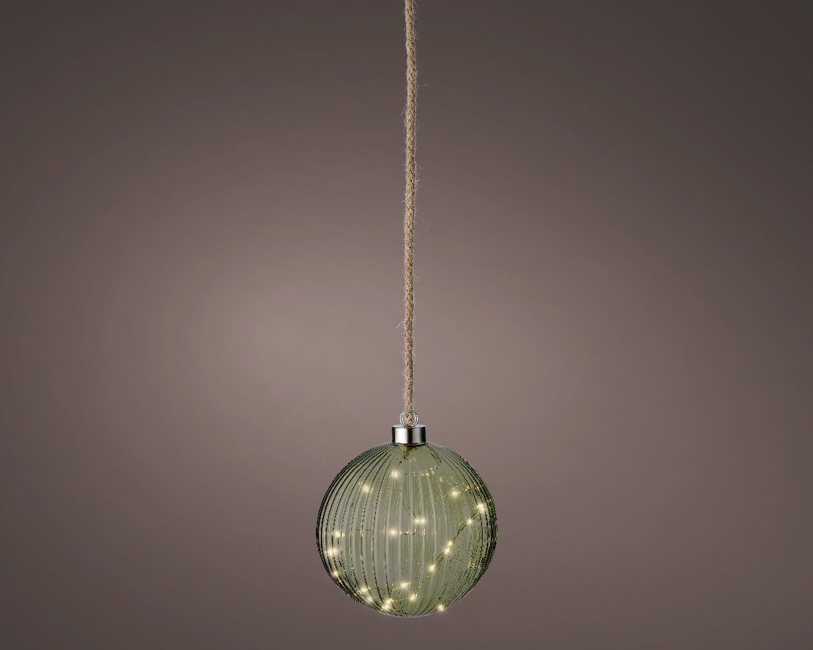 Battery Operated Micro LED Warm White Glass Round Green Ball with Rope Hanger  - 14cm