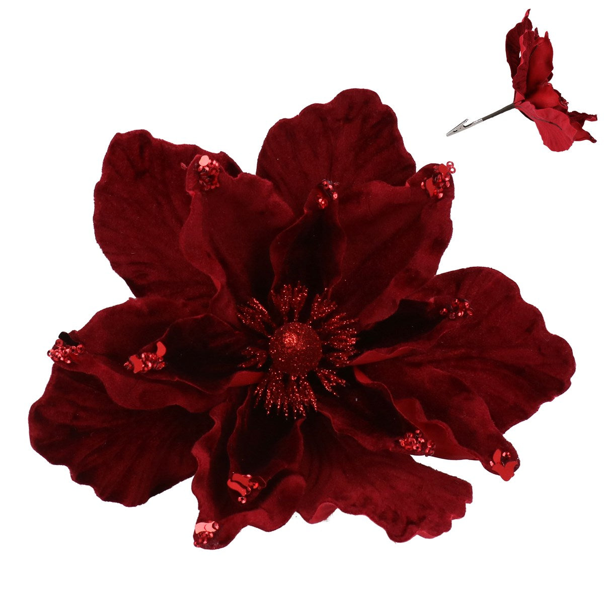 Gisela Graham - Deep Red Fabric Poinsettia Clip- 20cm