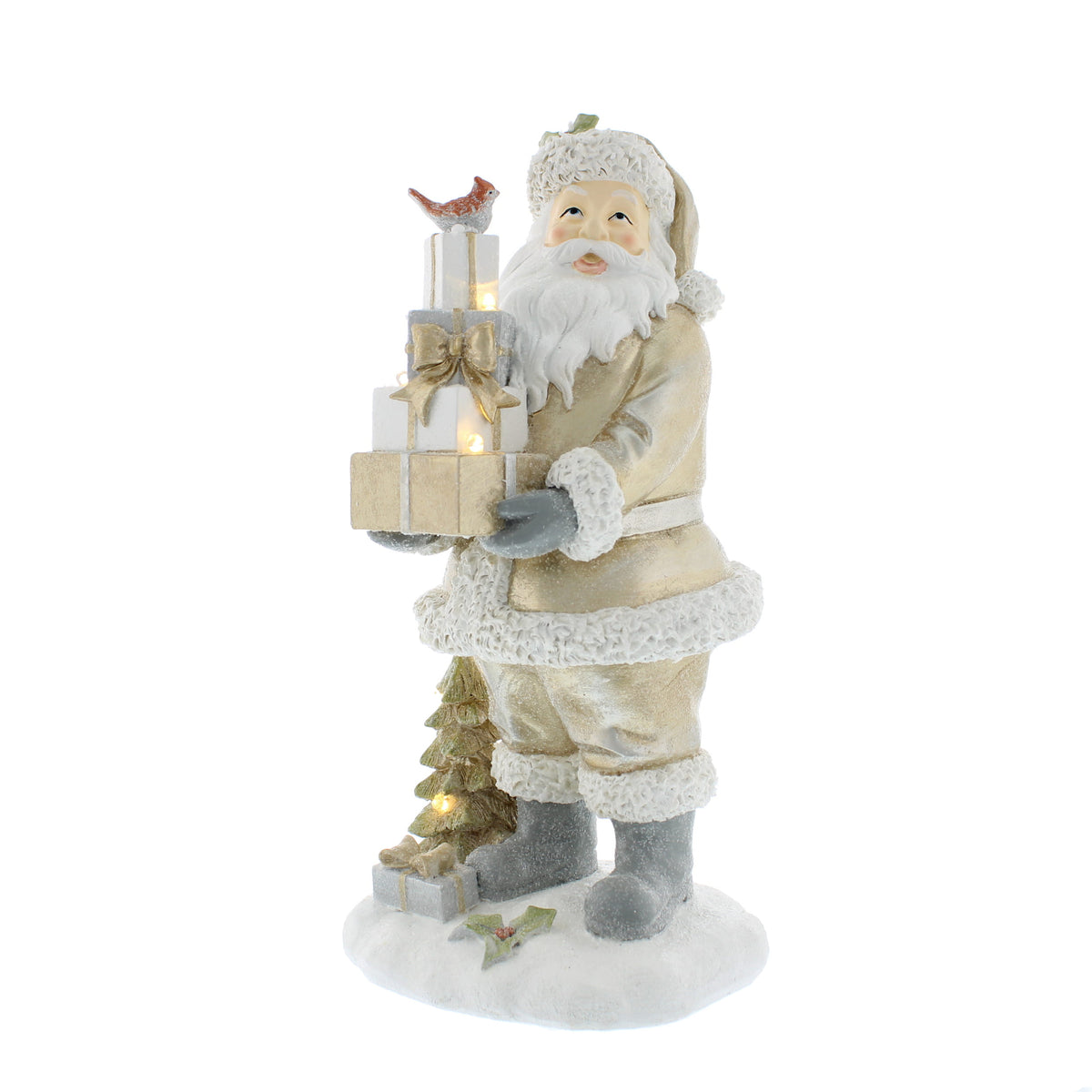 Light Up Gold White Resin Santa With Presents Christmas Ornament