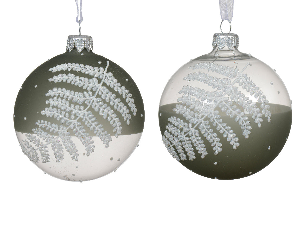 Rosemary Green Bauble with Glitter Fern Detailing - 8cm
