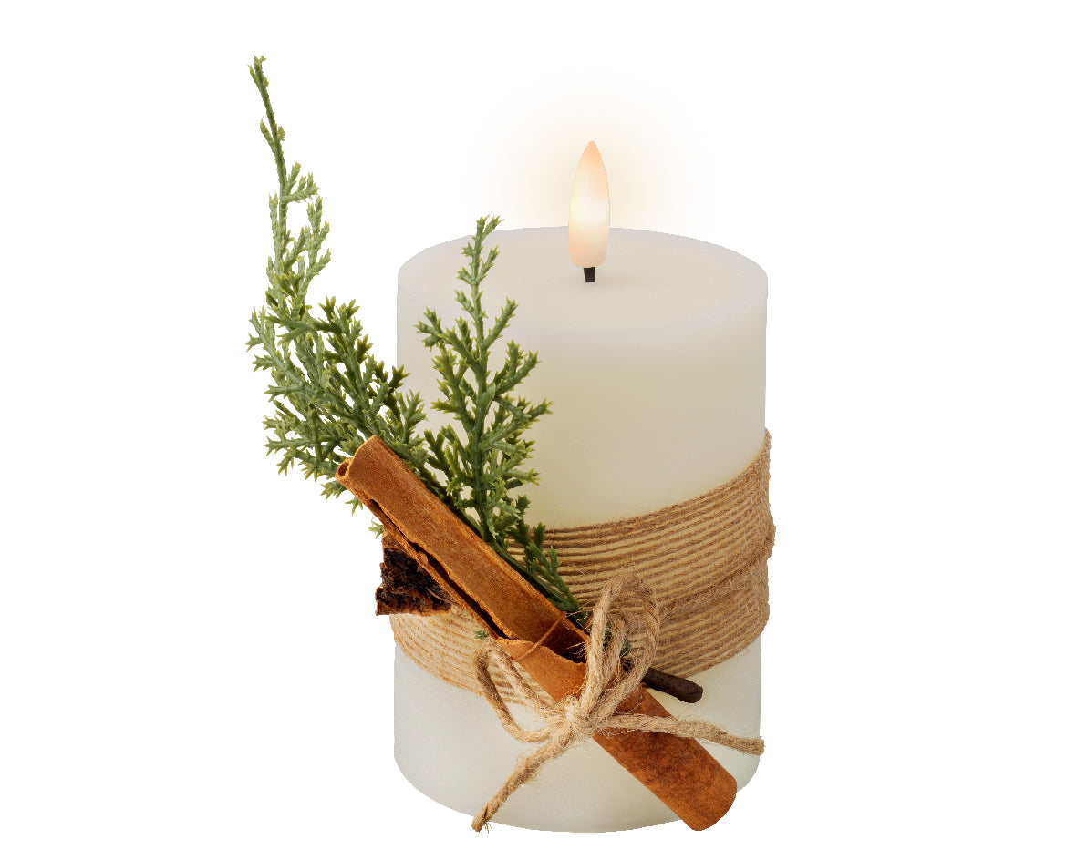 Light Up Cream Wax Candle with Jute Ribbon & Foliage - 13cm