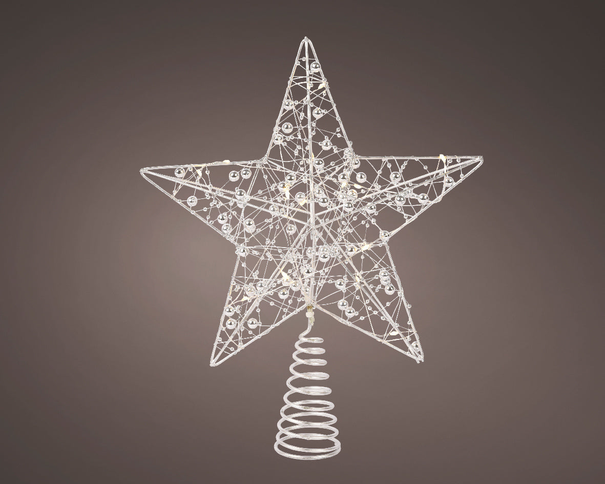 Silver Warm White Bead Detail Light Up Star Tree Topper