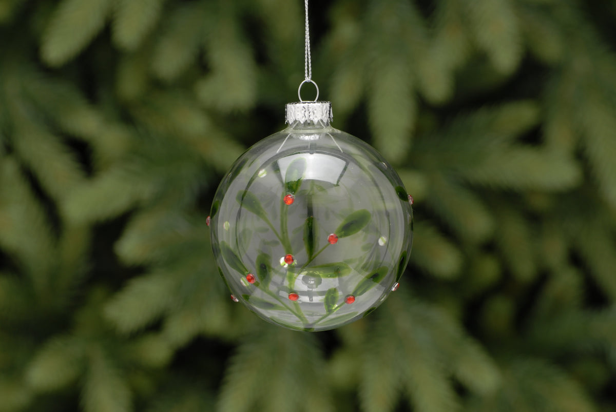 Clear Red Berry Green Leaf Glass Bauble - 8cm