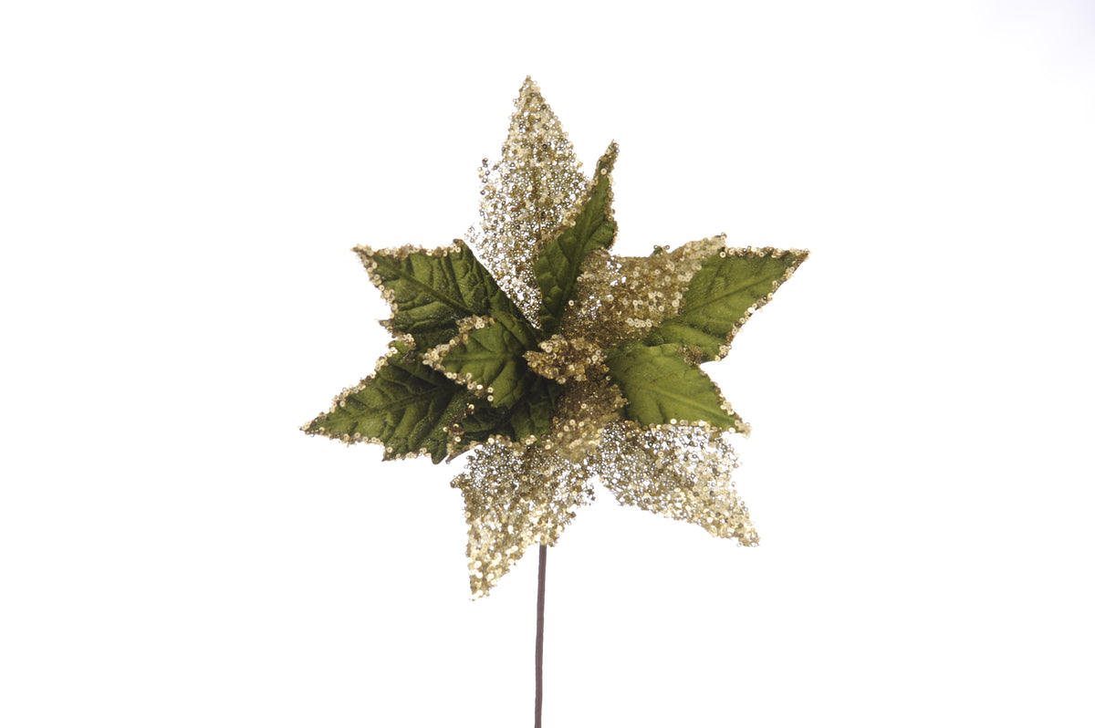 Dark Green With Gold Glitter Poinsettia Stem - 45cm