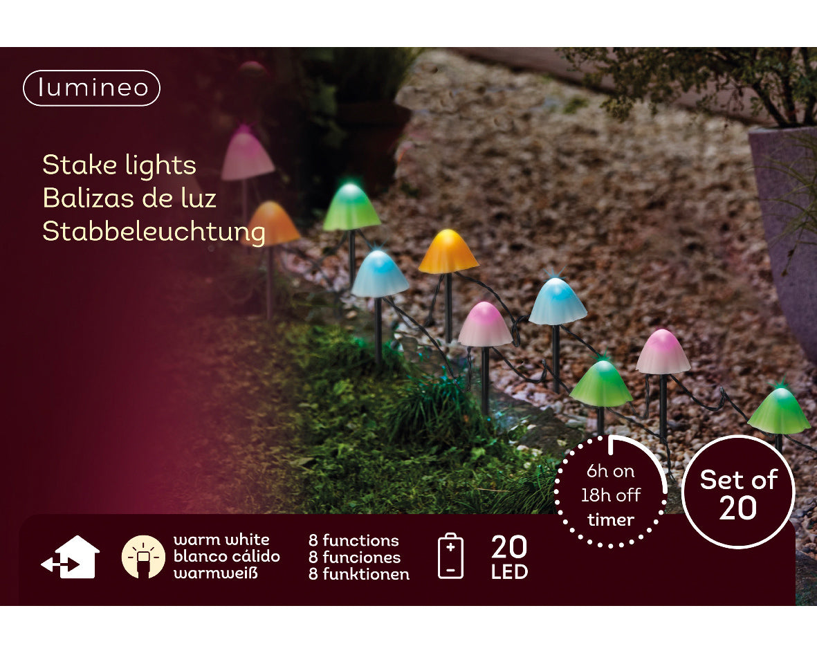 Set of 20 Battery Operated Multicoloured LED Mushroom Stake Lights - Outdoor