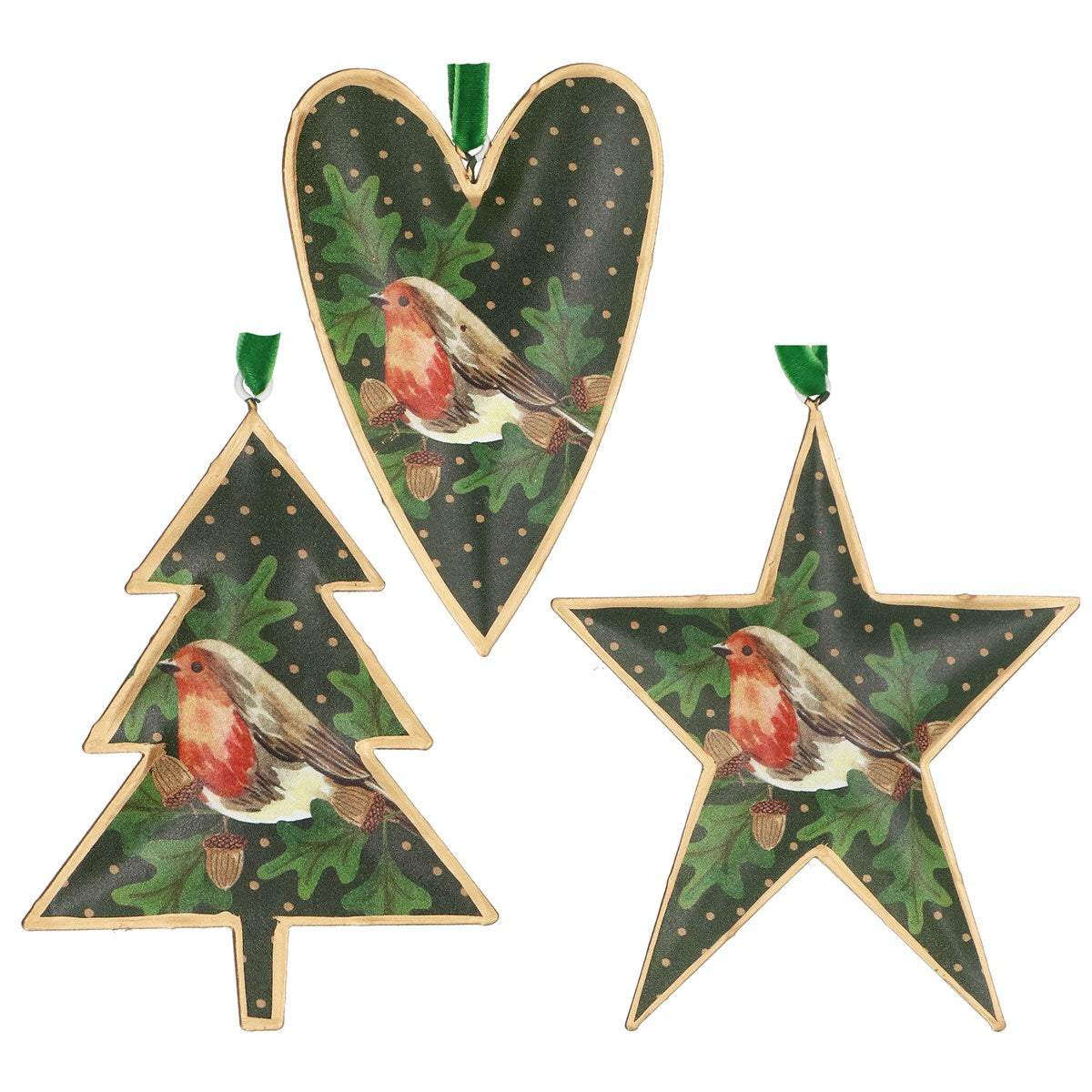 Gisela Graham - Green Robin on Sprig Tin Decoration Single - 12cm