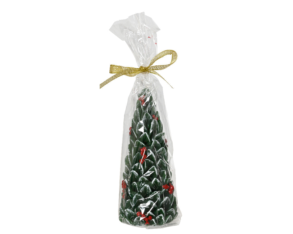 Green Wax Christmas Tree with Red Berries Gift Wrapped Candle