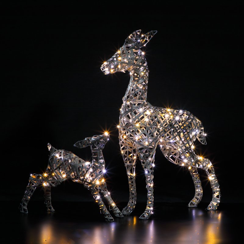 NOMA Grey Rattan Richmond Deer & Fawn with 230 Duo LEDs Warm & Cool White LEDs - 90cm