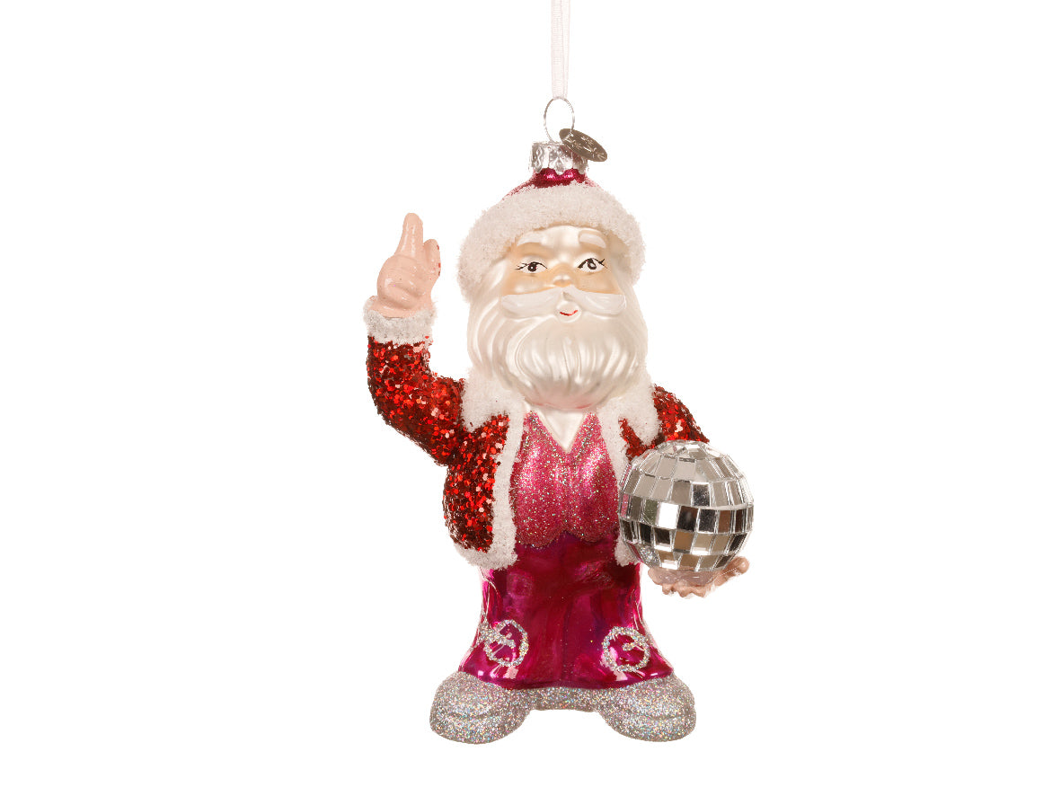 Glitter Santa with Disco Ball Glass Christmas Bauble - 13.3cm