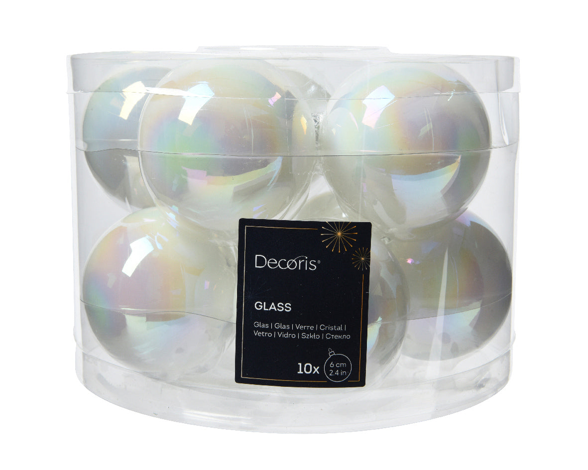 White Iridescent Shiny 6cm Glass Baubles - Tube of 10