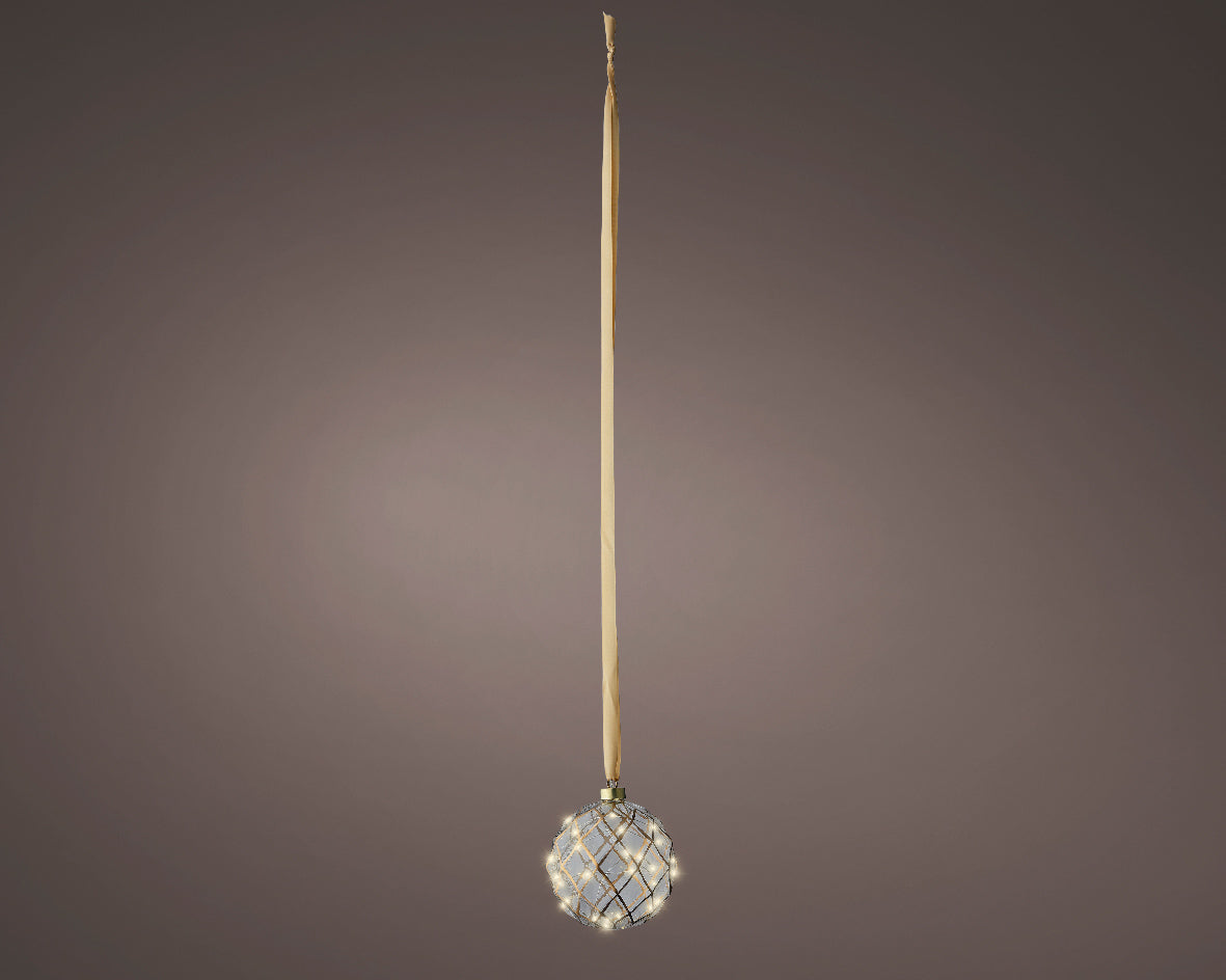 Micro LED Warm White Glass Bauble with Gold Ribbon Hanger  - 14cm 30 LEDs