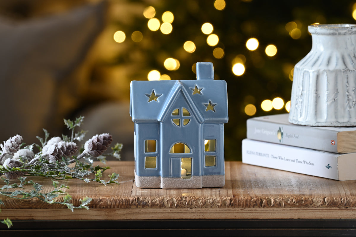 Light Up Ceramic Blue House Christmas Ornament