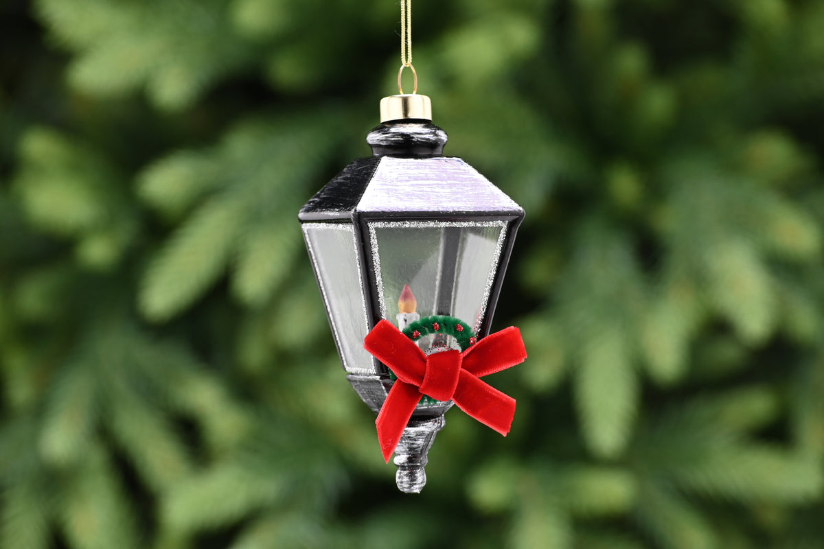 Black Glass Lantern With Red Bow Christmas Bauble