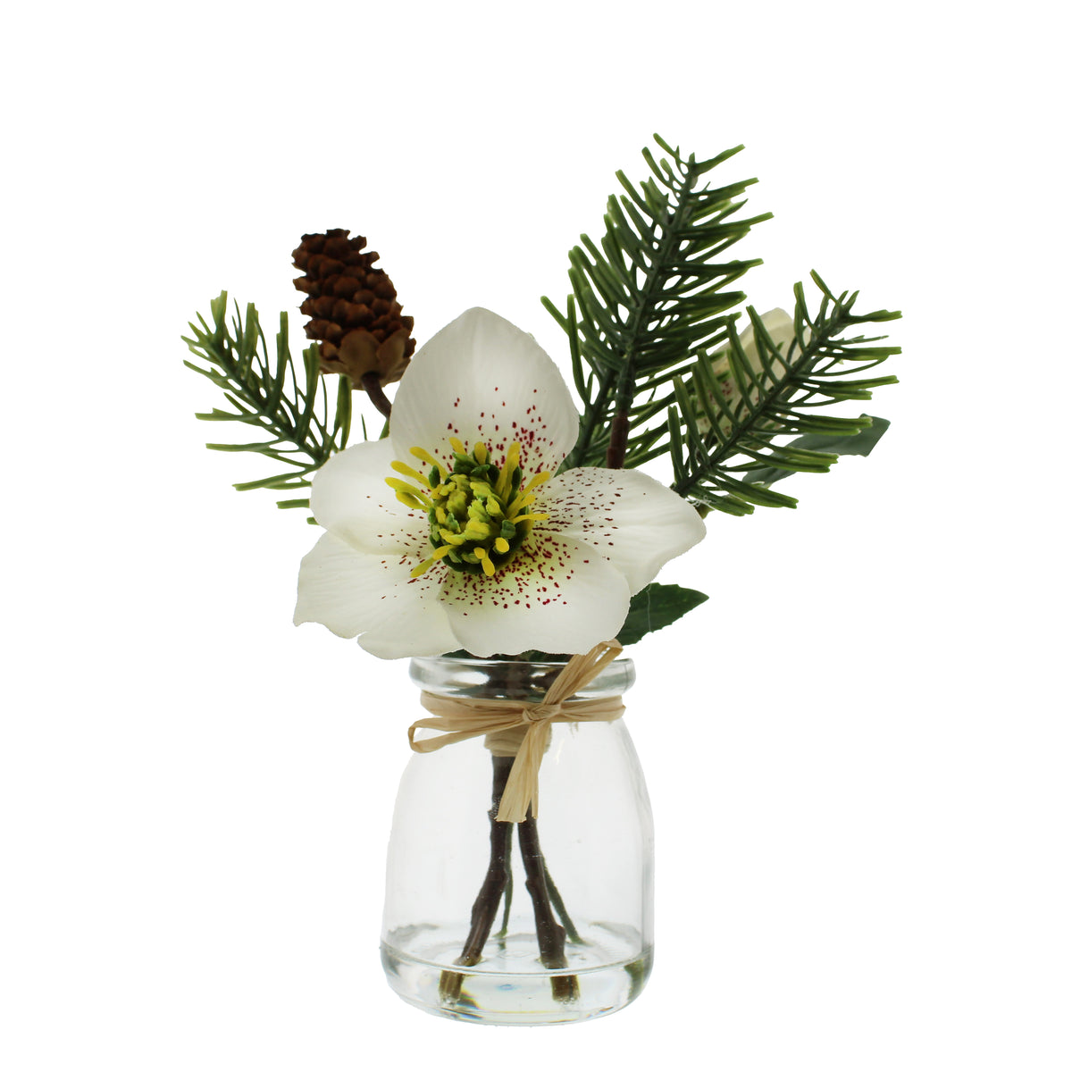 White Flower and Green Foliage In Glass Vase