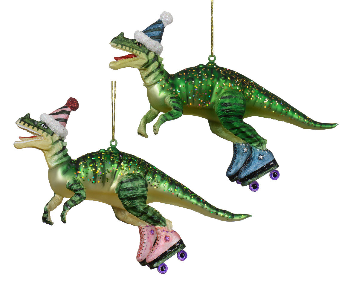 Green Dinosaur Wearing Santa Hat and Roller Skates Christmas Tree Hanging Decoration / Bauble