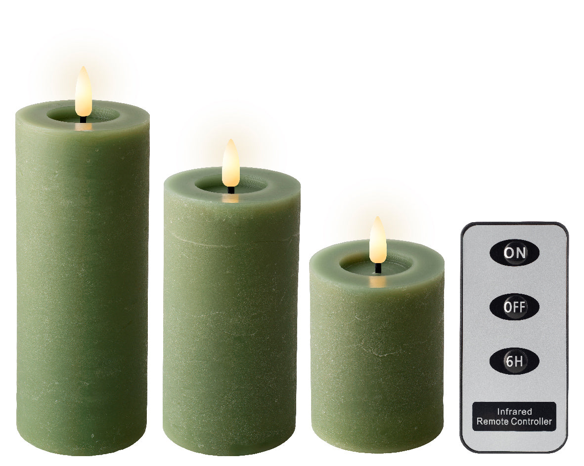 Set of 3 LED Green Wax Candles with Flame Effect